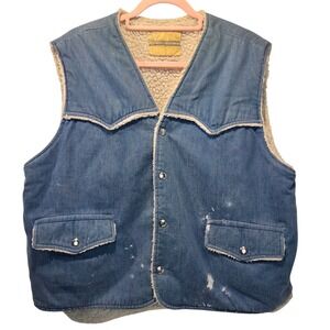 1960s Denim Sherpa Vest USA Western Cowboy Rancher Shearling Lined Vintage Lg